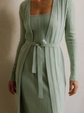 House of Harlow 1960 Ribbed Knit Dress and Long Cardigan in Sage